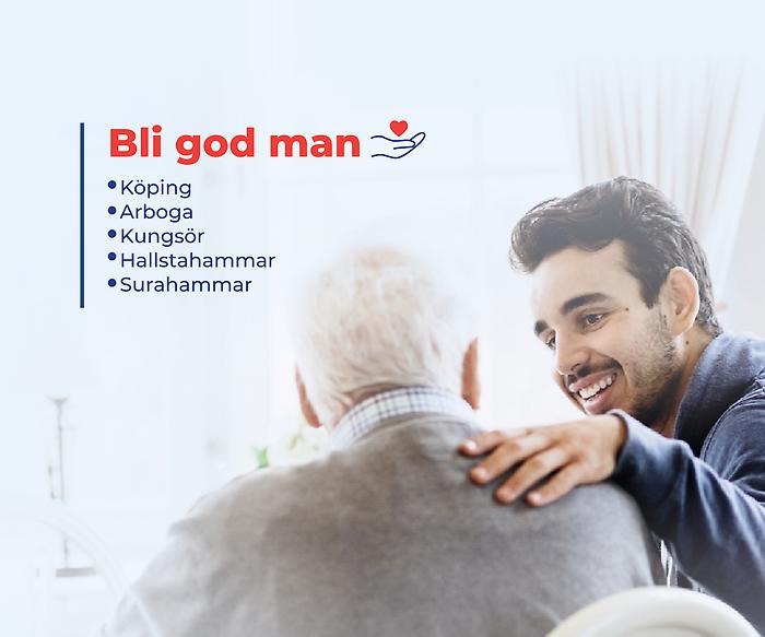 En yngre och en äldre man sitter bredvid varandra. Den yngre mannen har sin hand på den äldre mannens rygg. I mitten av bilden är en text där det står Bli god man. Under den texten är en grafisk bild på ett rött hjärta och en vit hand.